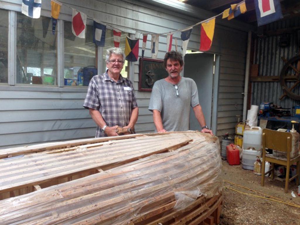 Robert Brooke showing Don Currie the mould used for the last of the wooden boats made. Robert was instrumental in building wooden Zephyrs in the 1990’s to 2015 © Zephyr Owners Association